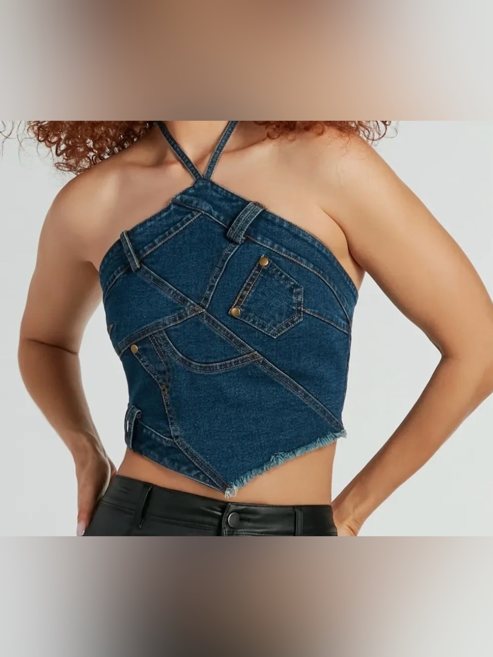 Halter Denim Patchwork Crop Top Size L